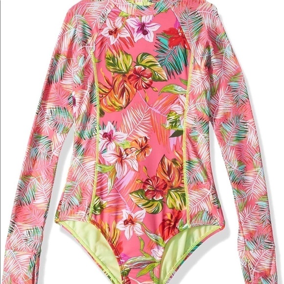 Hobie Girls Flor All Nothing One-Piece Rashguard Swimsuit 8/10 Tropical pink - Picture 4 of 8